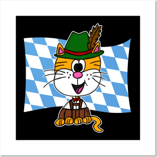 Bavarian Flag Cat Tyrolean Hat Lederhosen Germany Funny Posters and Art